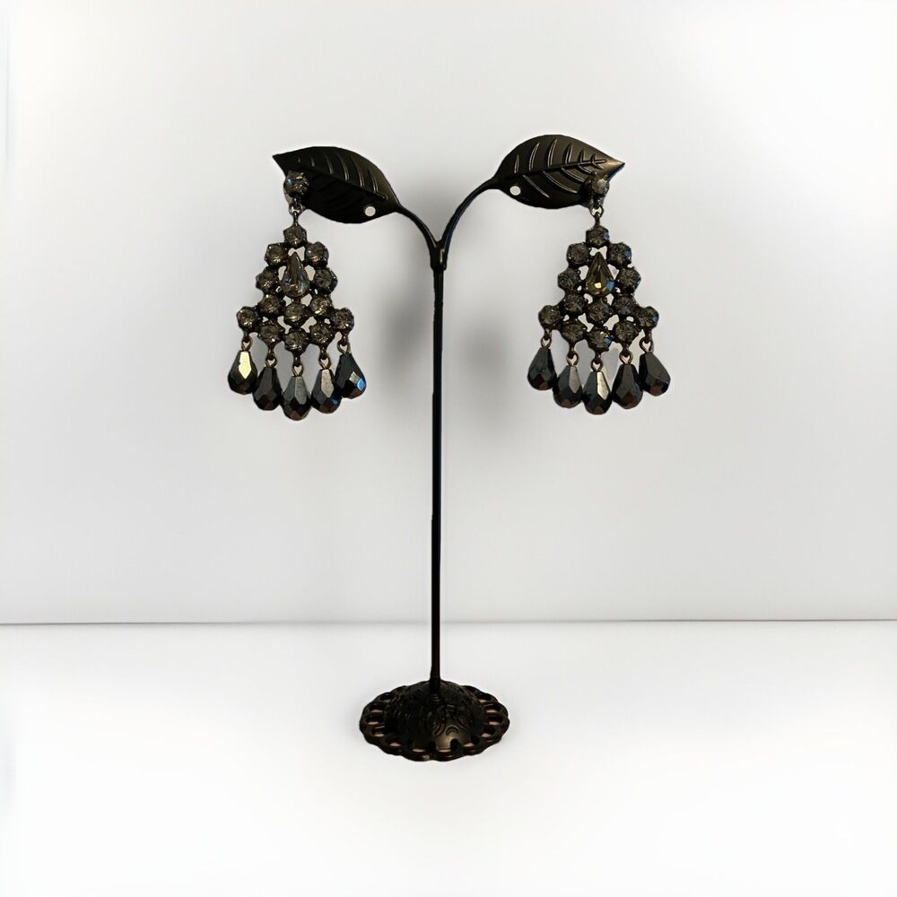 Gerard Yosca Earrings Chandelier Crystal Black Gray Silver Tone Glam 2 Inch Drop